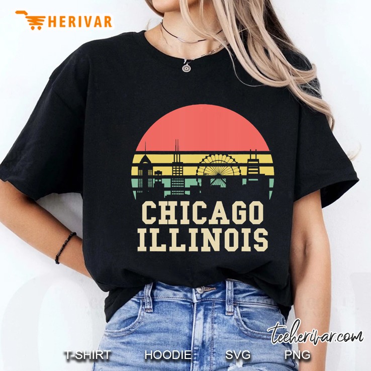 Cute Chicago Illinois Skyline Souvenir Retro Vintage Sunset Ladies Tee