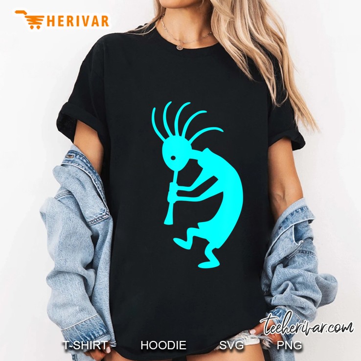 Cyan Blue Kokopelli Native Southwestern Petroglyph Ladies Tee