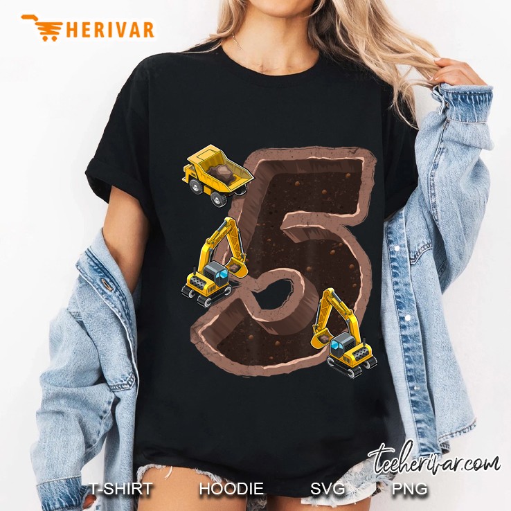 5Th Birthday Excavator Construction Vehicles Party Gift Boys Ladies Tee