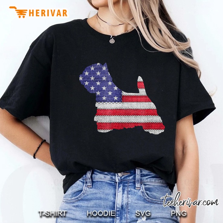 Patriotic Westie American Flag Embroidery Ladies Tee