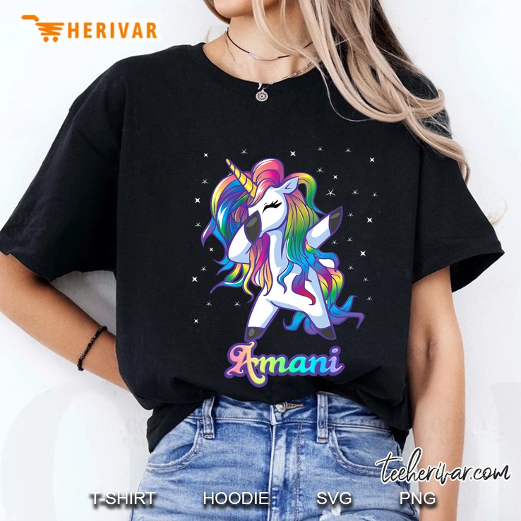 Amani Name Personalized Custom Rainbow Unicorn Dabbing Ladies Tee