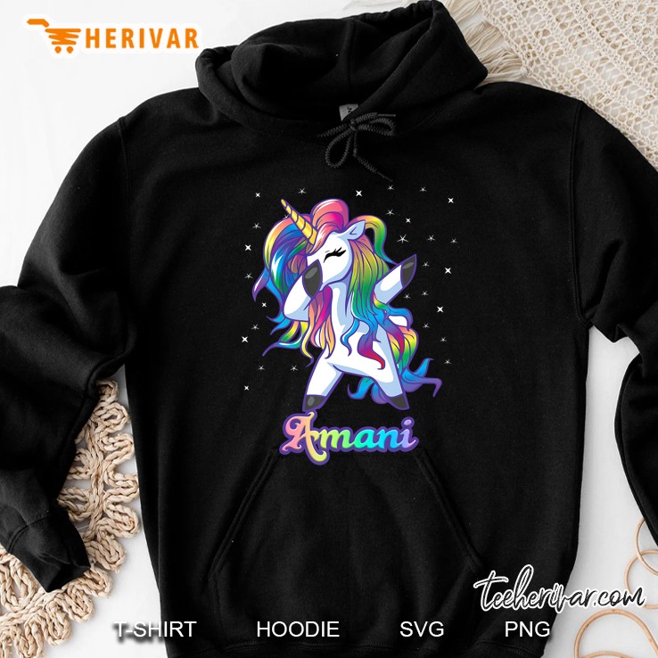 Amani Name Personalized Custom Rainbow Unicorn Dabbing Hoodie