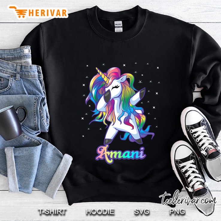 Amani Name Personalized Custom Rainbow Unicorn Dabbing Sweatshirt