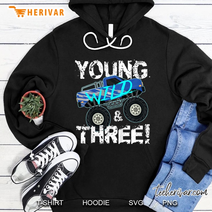 Kids Young Wild And Three! 3Rd Birthday Monster Truck Shirt Boys Hoodie
