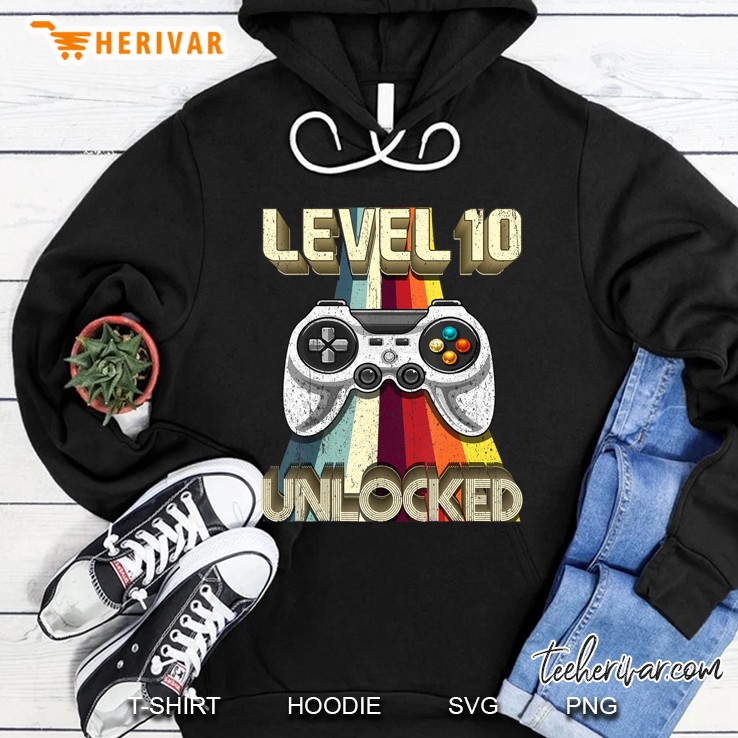 Level 10 Unlocked Retro Video Game 10Th Birthday Gamer Gift Hoodie