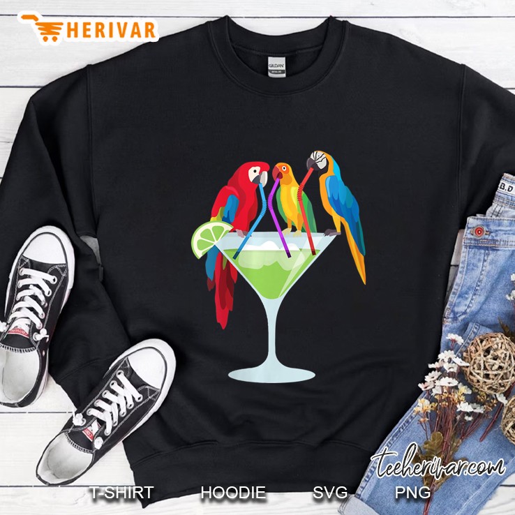 Womens Parrots Drinking Margarita Tropical Vacation Hawaiian Birds V-Neck Sweatshirt