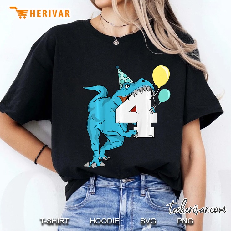 Kids Dinosaur 4Th Birthday Shirt Girls T-Rex 4 Year Old Gift Tee Hoodie