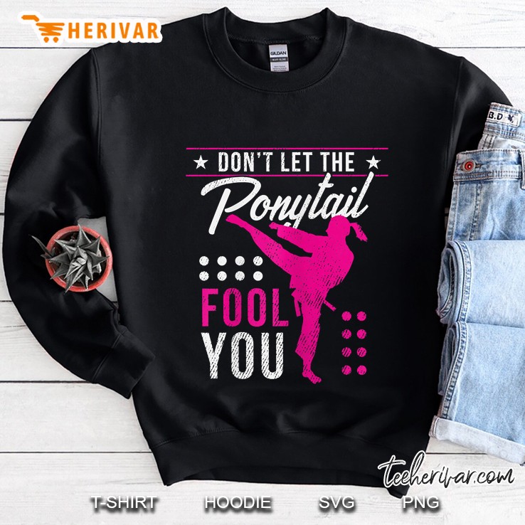 Womens Dont Let The Ponytail Fool You Funny Karate Girl Mugs