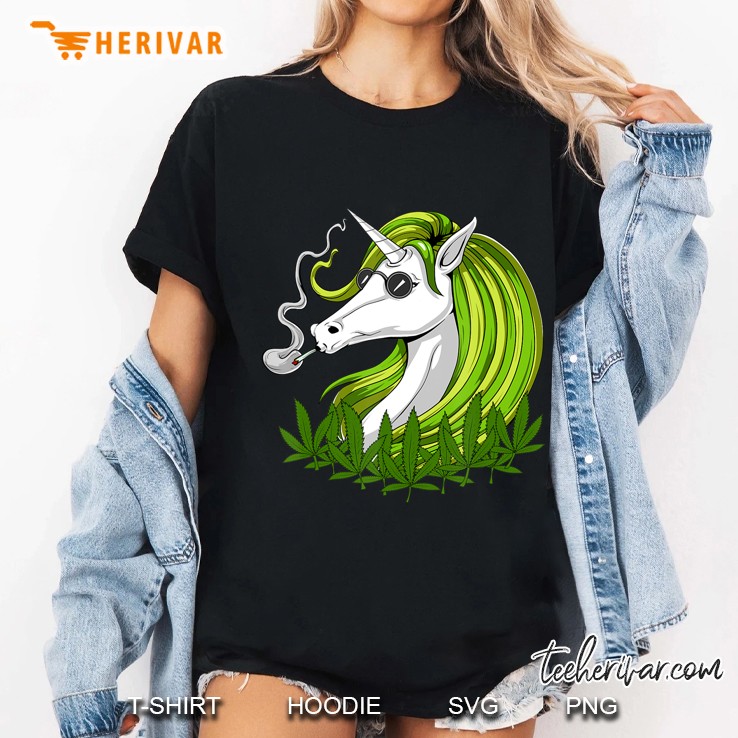 Unicorn Hippie Smoking Weed Cannabis Leaves Marijuana Women Ladies Tee
