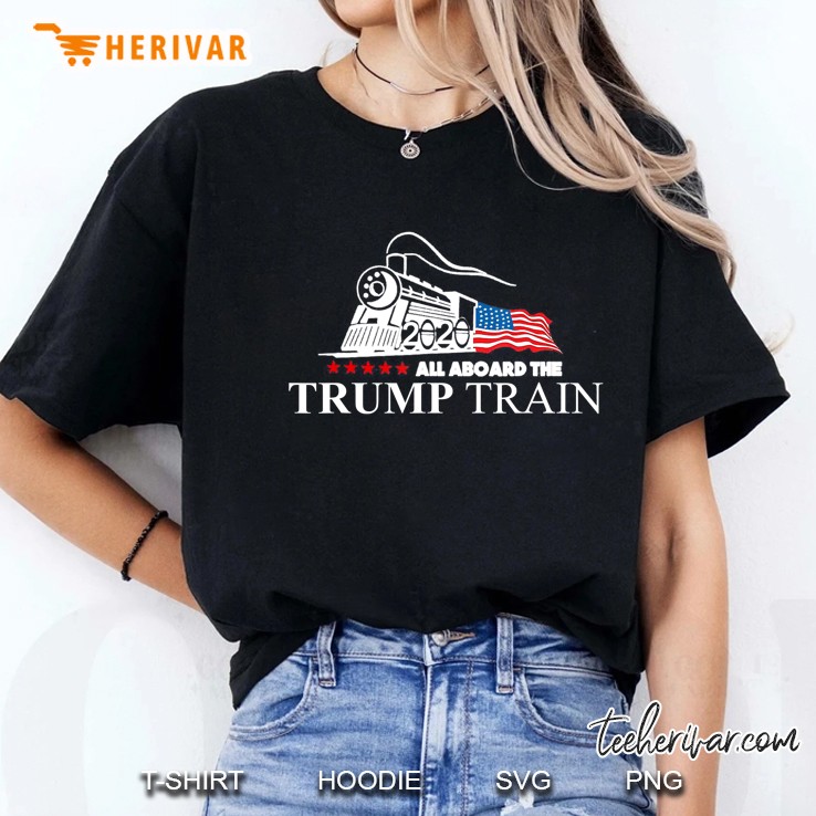 All Aboard The Trump Train 2020 American Flag Ladies Tee