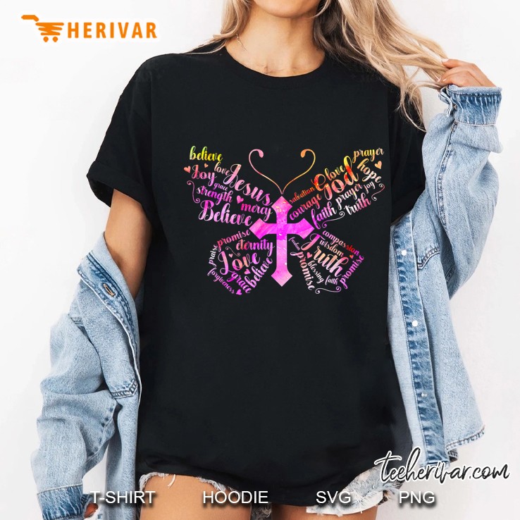 Butterfly Prayer Jesus Christian Cross Floral Pattern Ladies Tee