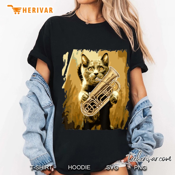 Tuba Player Funny Gift Cat Playing Tuba Ladies Tee