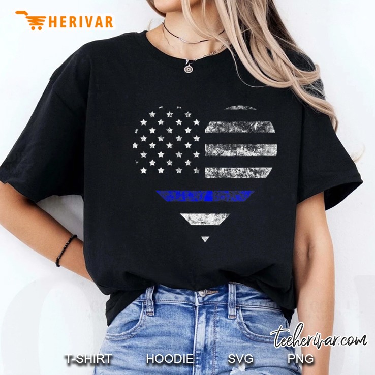 Womens Police Thin Blue Line American Flag Heart Cop Gift V-Neck Ladies Tee