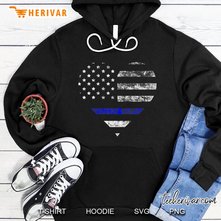 Womens Police Thin Blue Line American Flag Heart Cop Gift V-Neck Hoodie