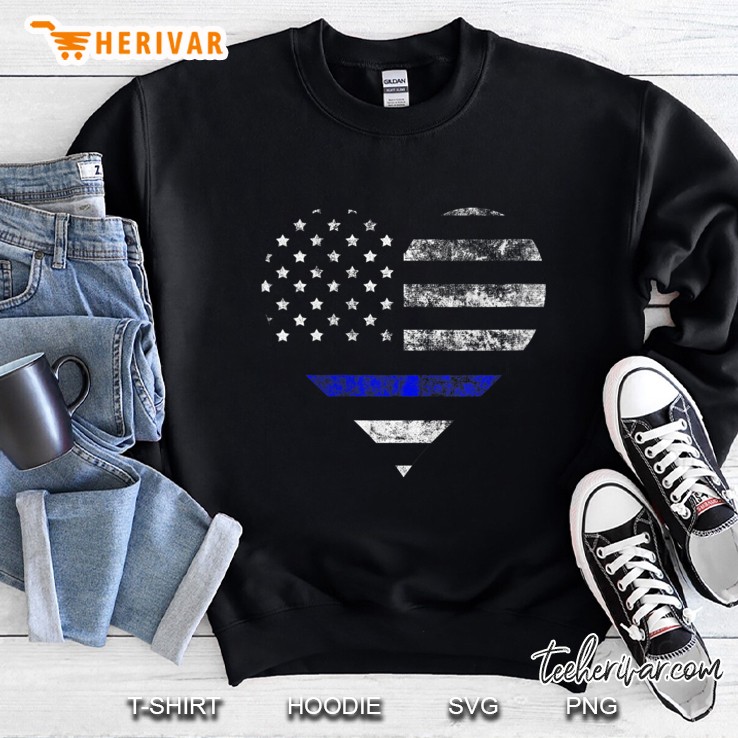 Womens Police Thin Blue Line American Flag Heart Cop Gift V-Neck Sweatshirt