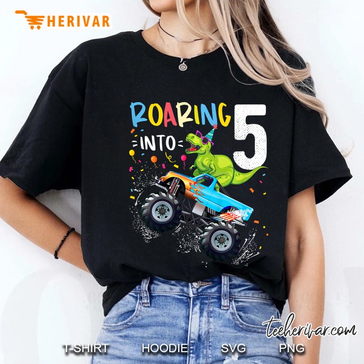 Kids 5Th Birthday T Rex Dinosaur Monster Truck Boys And Girls Ladies Tee