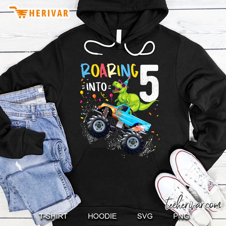Kids 5Th Birthday T Rex Dinosaur Monster Truck Boys And Girls Hoodie