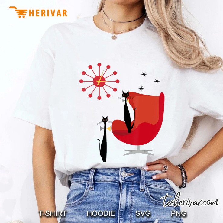 Retro Mcm Cool Cat Pair Sunburst Clock & Red Chair Ladies Tee