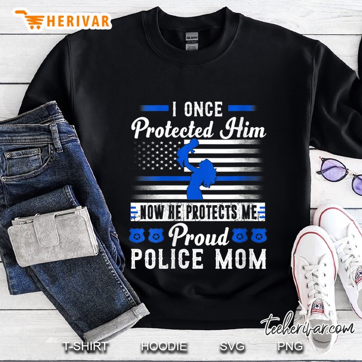 Womens Proud Police Mom I Once Protected Him Now He Protects Me V-Neck Sweatshirt