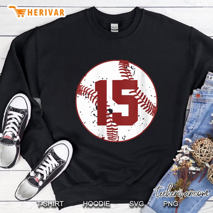 Womens Vintage Baseball Number 15 Shirt Cool Softball Mom Gift V-Neck Sweatshirt