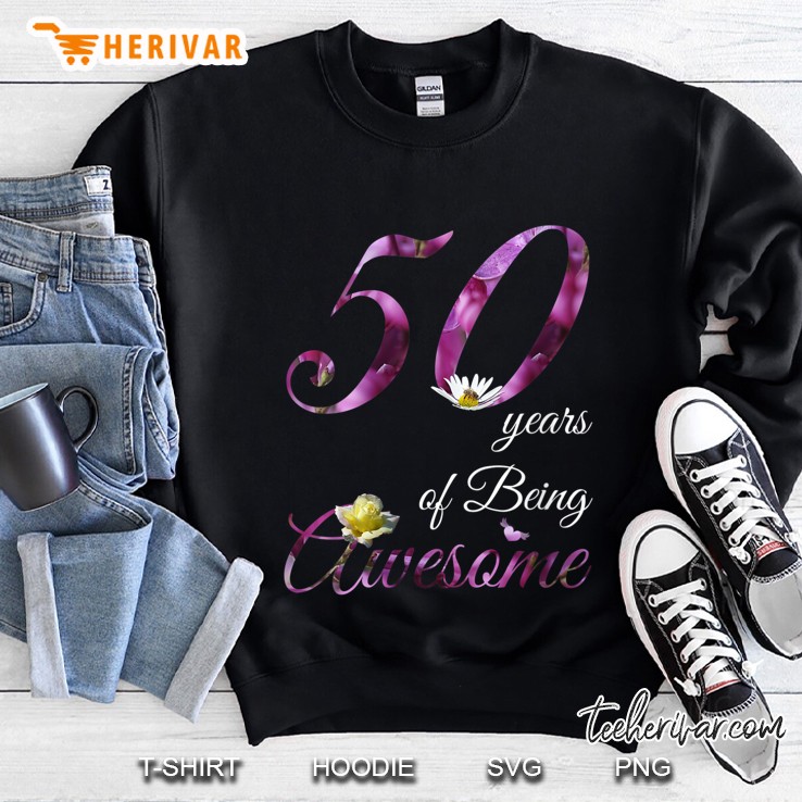 Womens 50 Year Old Shirt Awesome Floral 1970 50Th Birthday Gift V-Neck Sweatshirt