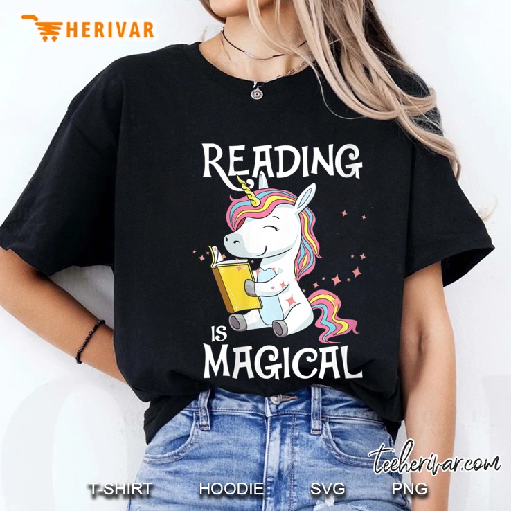 Womens Reading Is Magical Cute Book Lovers Nerds Unicorn Librarians V-Neck Ladies Tee