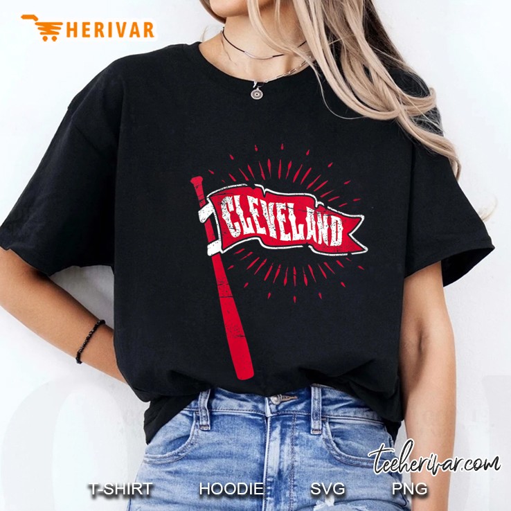 Womens Vintage Cleveland Baseball Pennant And Bat V-Neck Ladies Tee
