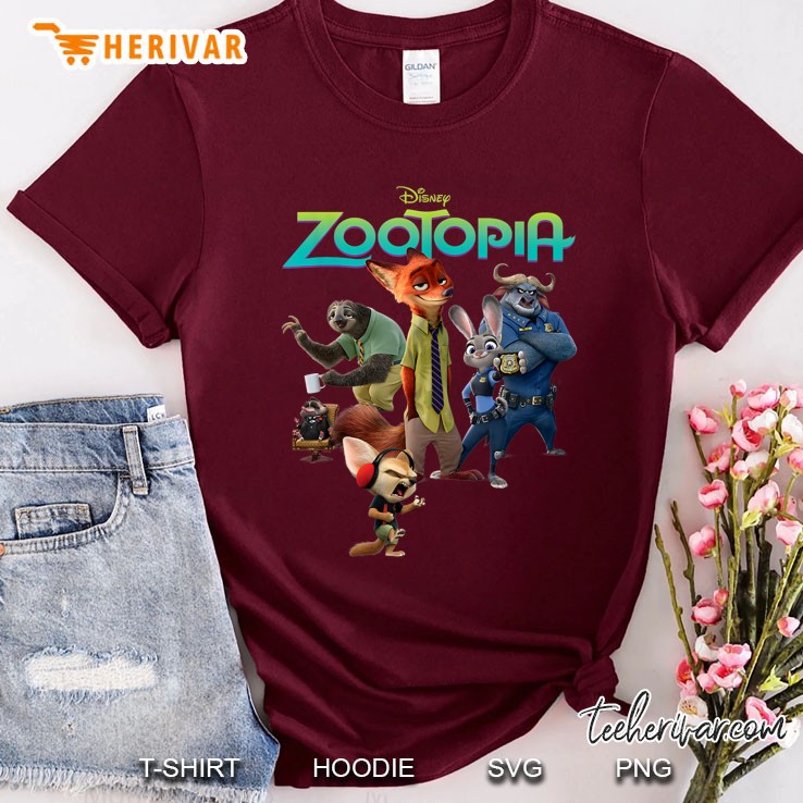Disney Zootopia Character Group And Logo Maroon T Shirt