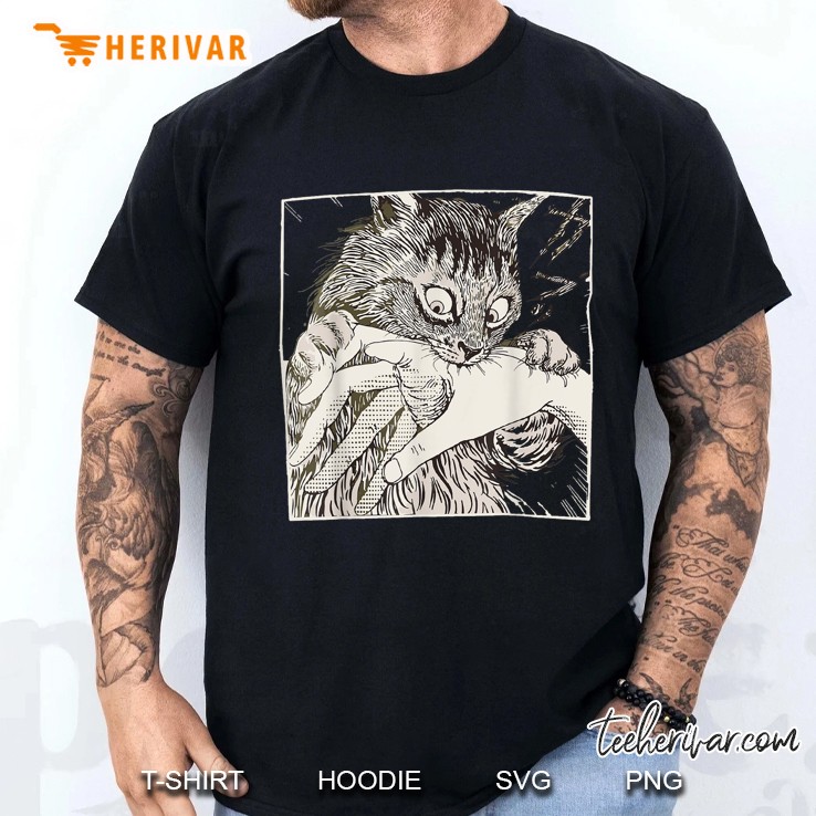Funny Cat Graphic Japanese Anime Cat Bite Vintage Cats Men T Shirt