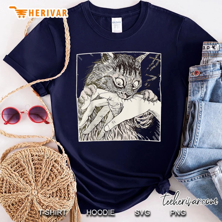 Funny Cat Graphic Japanese Anime Cat Bite Vintage Cats Navy T Shirt